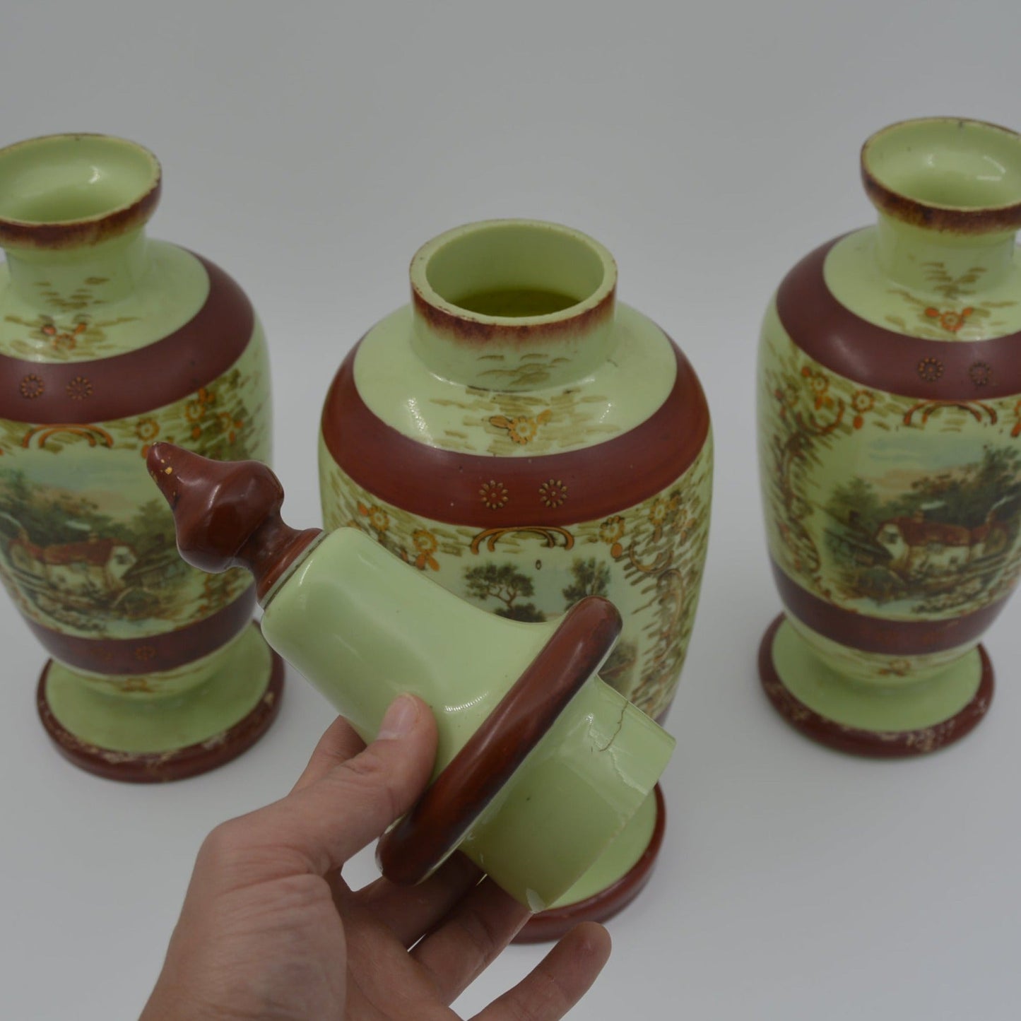 Antique Green Opaline Cabinet Set with Romantic Landscape | Antieke Groene Opaline Kasstel - antique-vintagedepot