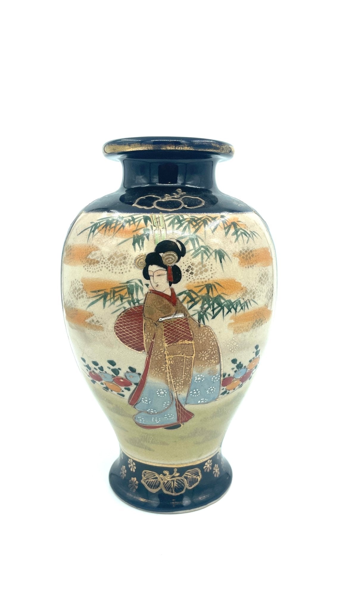 Japanse Satsuma Blauwe Vaas met Geisha’s en Gouden Tinten - antique-vintagedepot