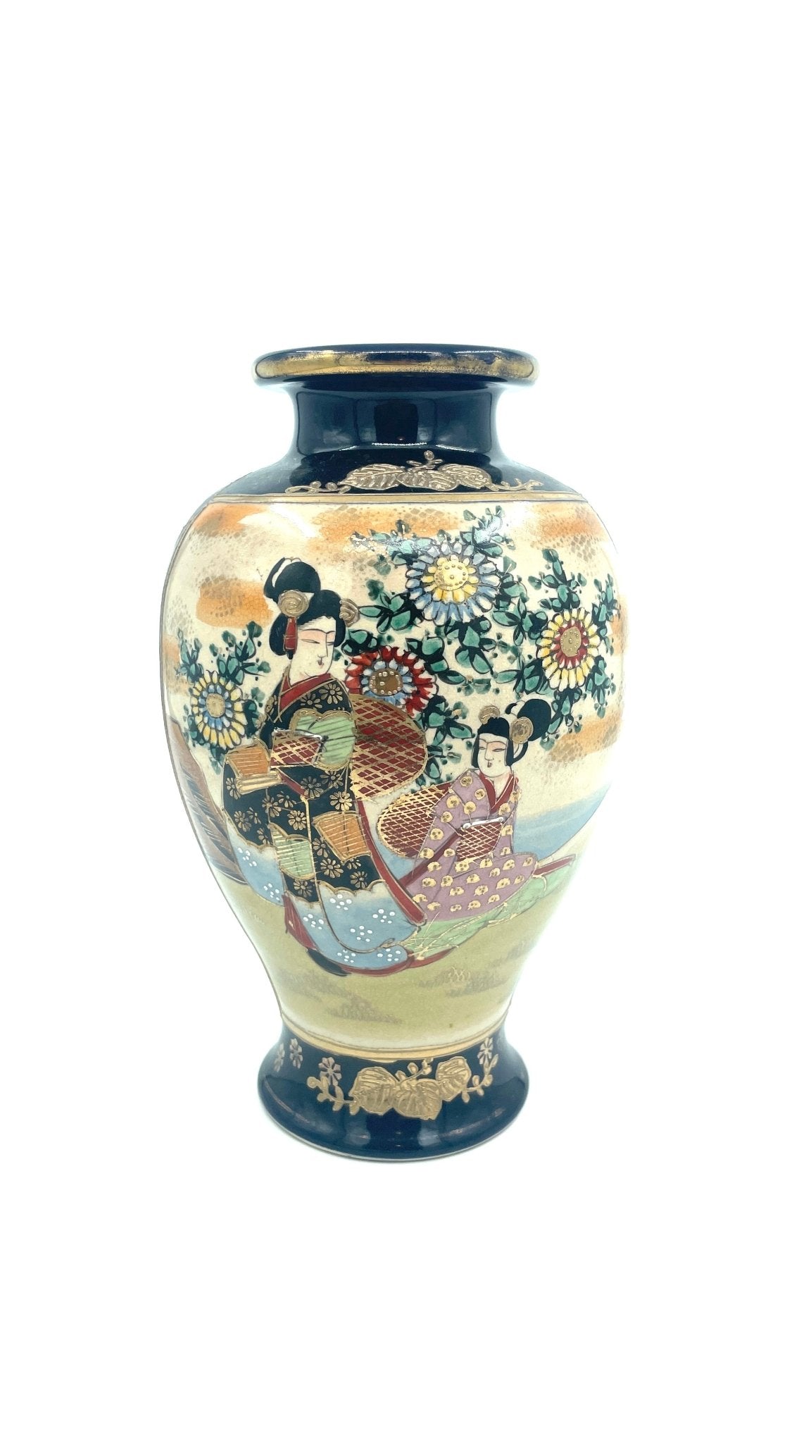 Japanse Satsuma Blauwe Vaas met Geisha’s en Gouden Tinten - antique-vintagedepot