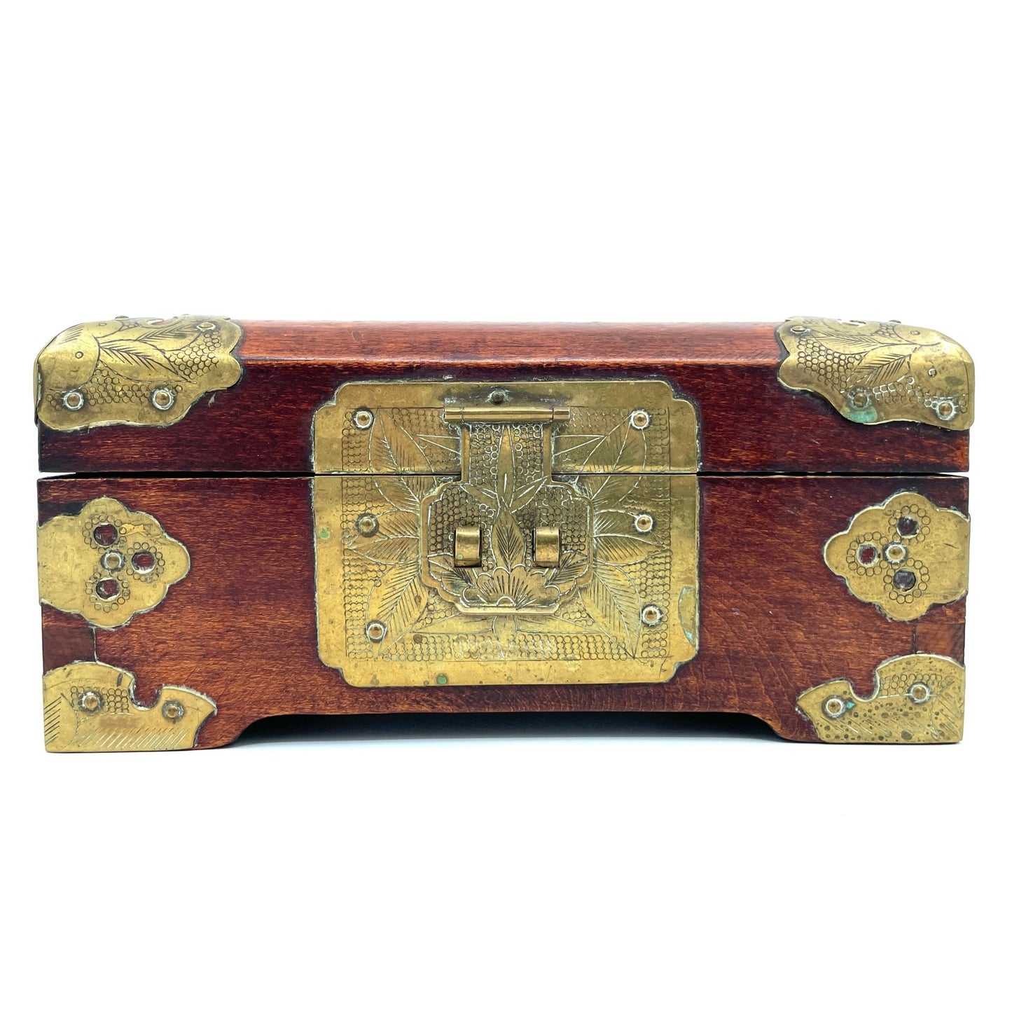 Vintage Chinese Houten Juwelendoosje Ingelegd met Jade en Verguld met Messing - antique-vintagedepot